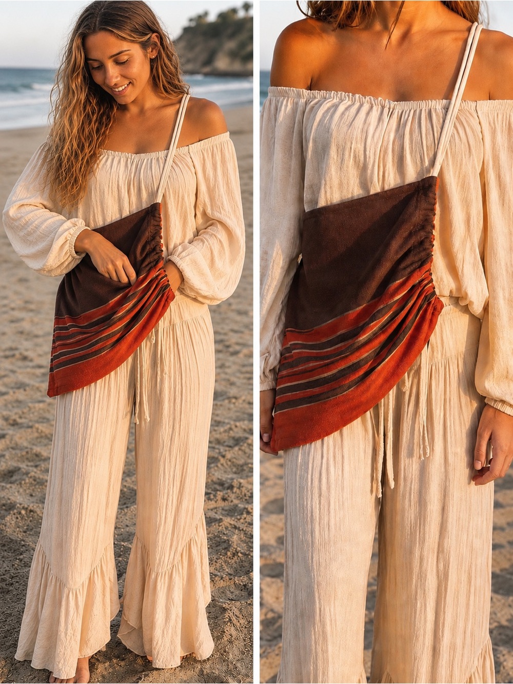 Boho Serape Stripe Sling Bag Brown Red Drawstring Crossbody Festival
